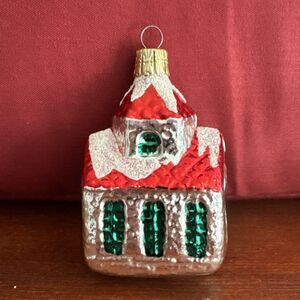 Vintage Czechoslovakia Blown Glass Church Christmas Ornament  Red Silver Green